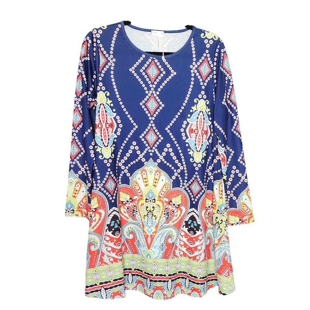Sherosa Women Dress‎ Blue Paisley Geometric Long Sleeve Tunic L